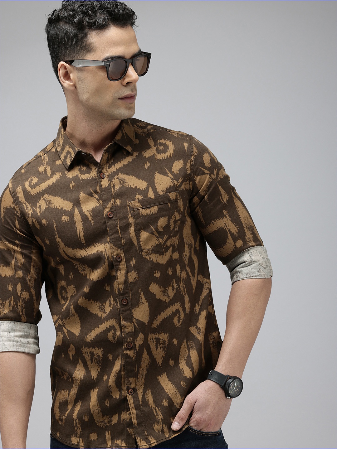 

SPYKAR Pure Cotton Slim Fit Opaque Printed Casual Shirt, Brown