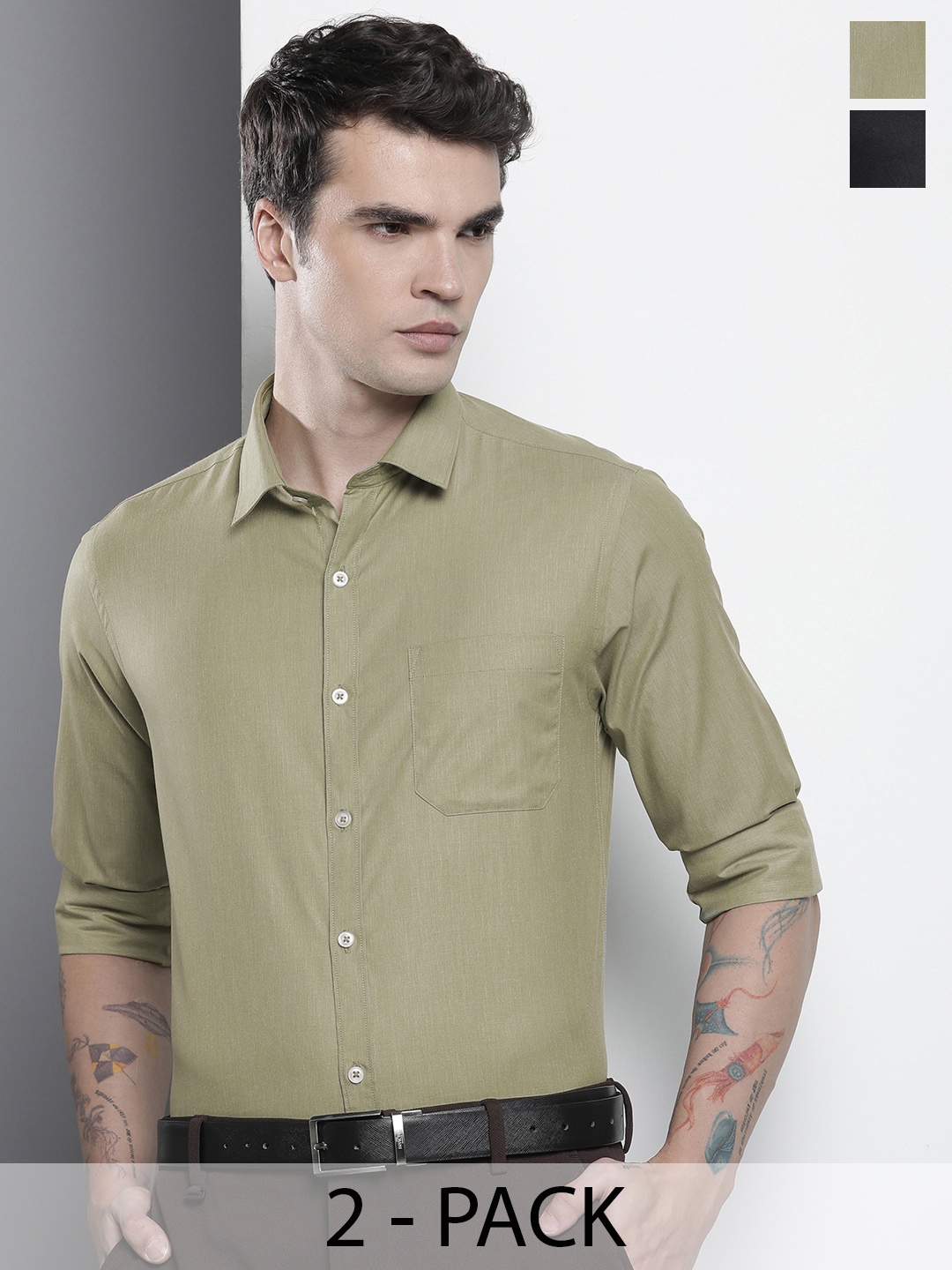 

The Indian Garage Co. X Luxe Pack Of 2 Spread Collar Cotton Shirts, Green
