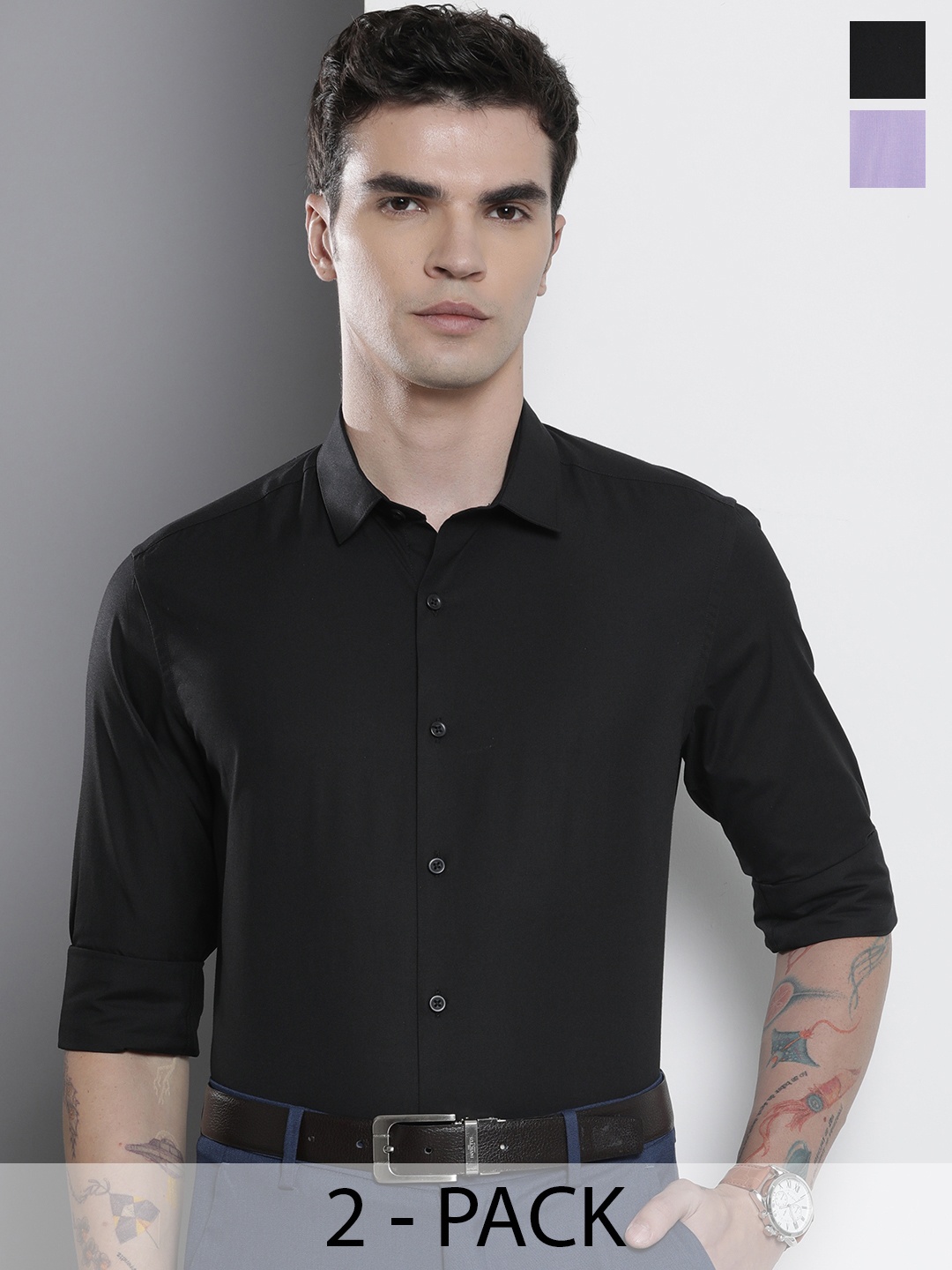 

The Indian Garage Co. X Luxe Pack Of 2 Spread Collar Cotton Shirts, Black