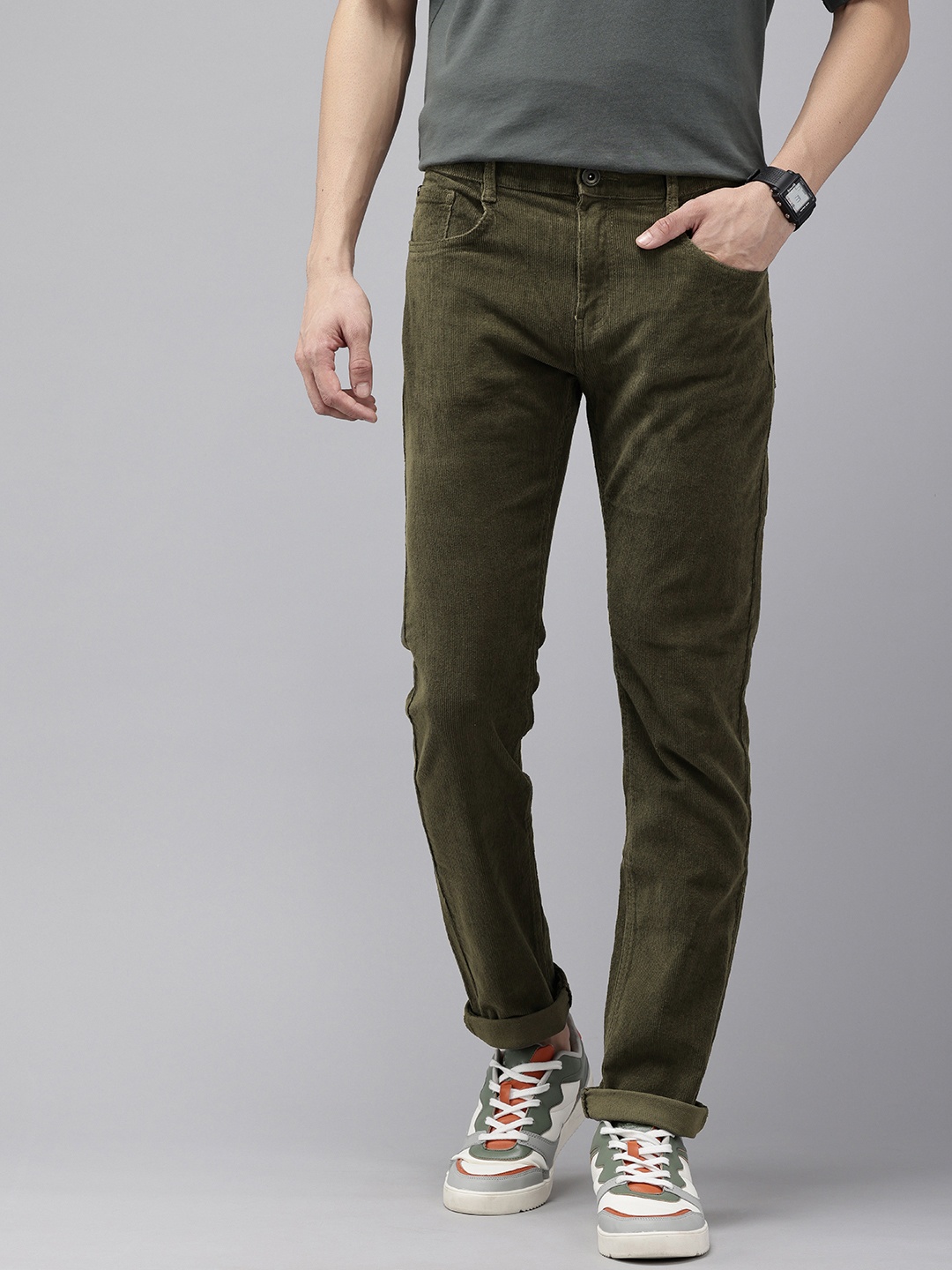 

SPYKAR Men Corduroy Chinos Trousers, Olive