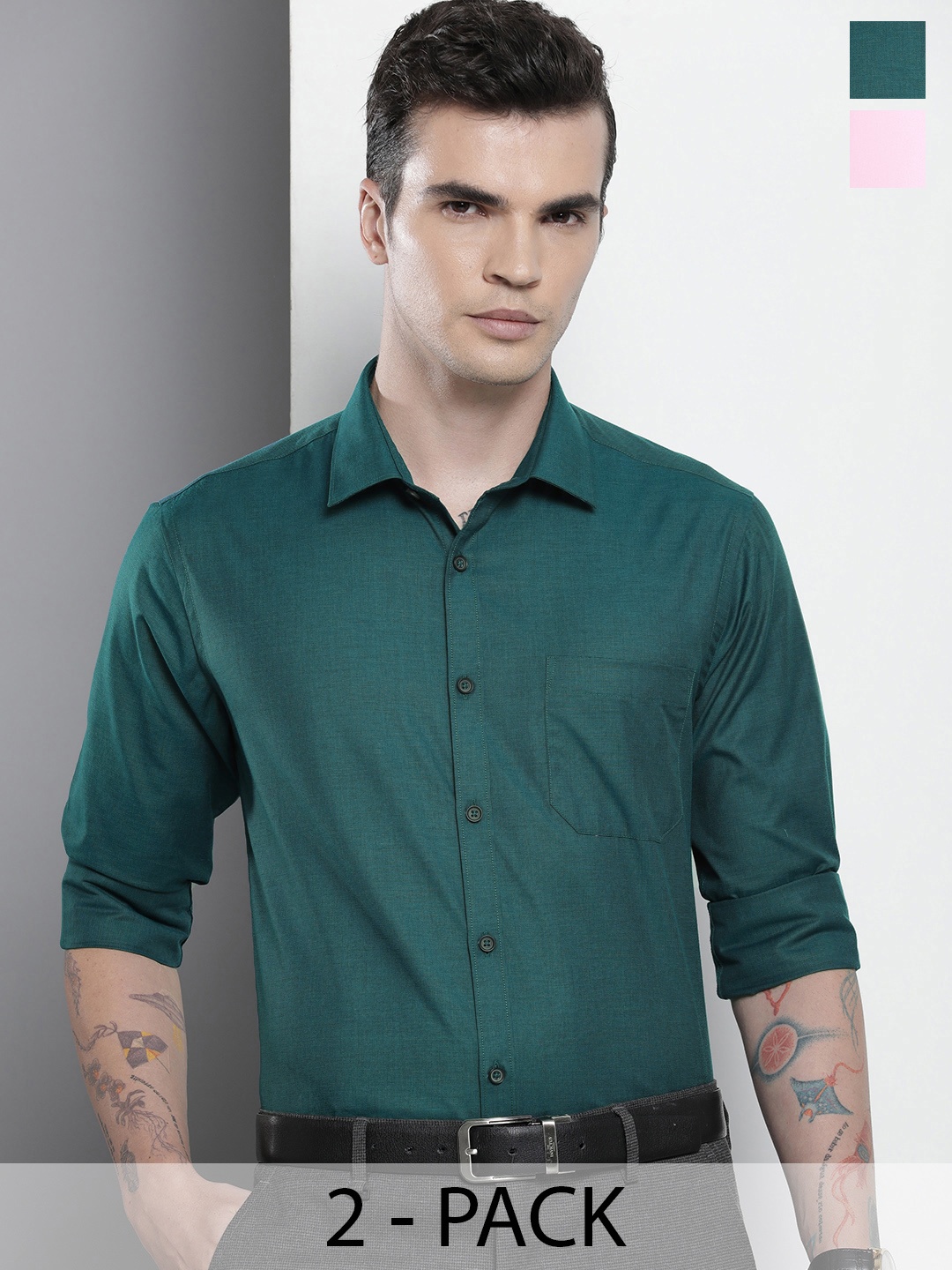 

The Indian Garage Co. X Luxe Pack Of 2 Spread Collar Cotton Shirts, Teal