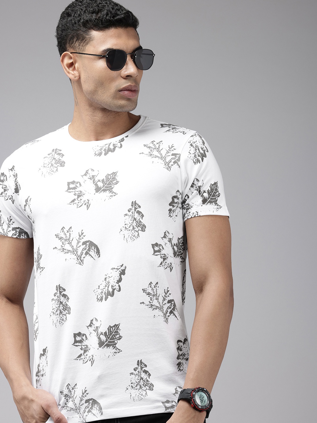 

SPYKAR Tropical Printed Pure Cotton Slim Fit T-shirt, White