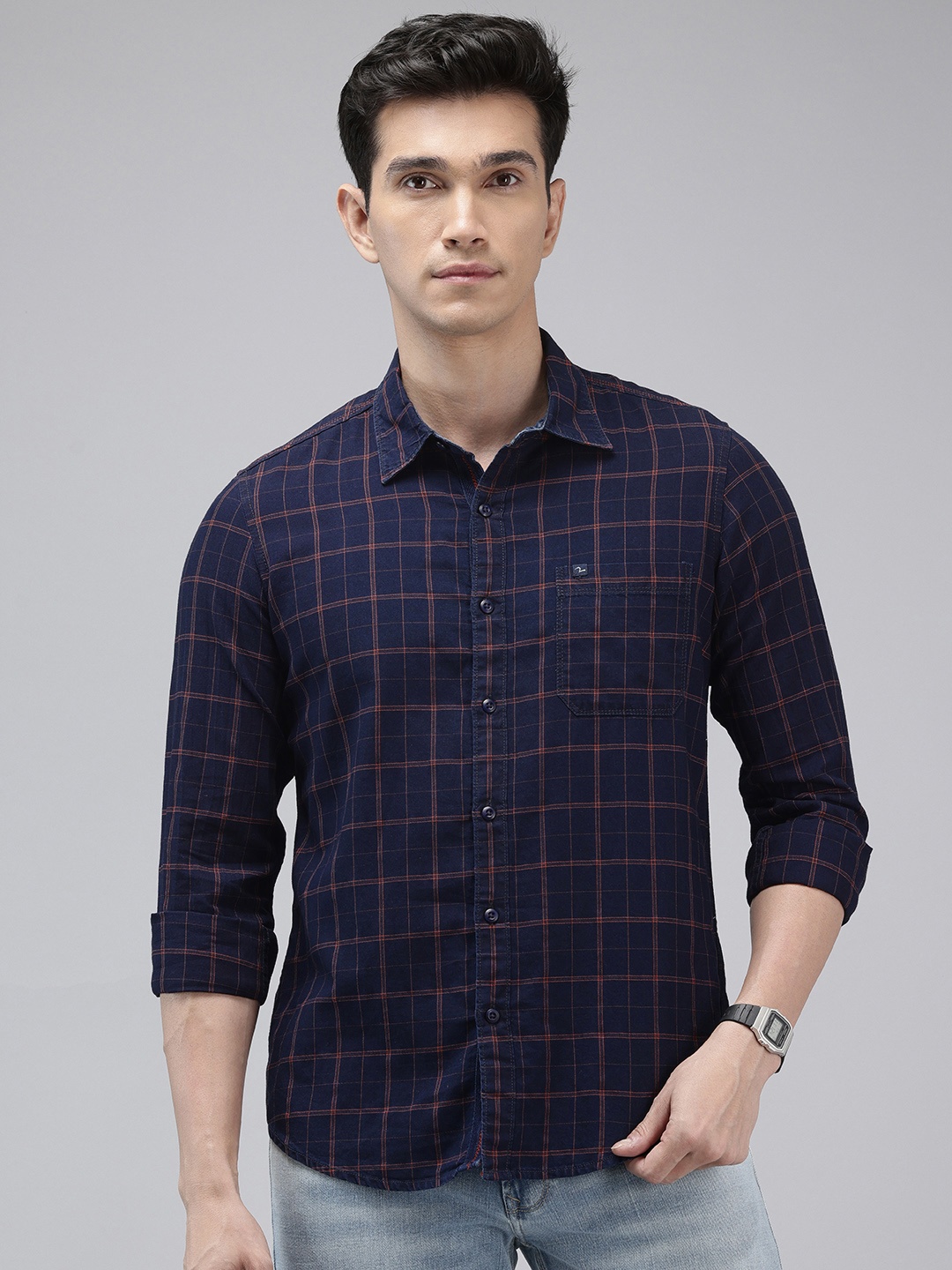 

SPYKAR Opaque Windowpane Checked Pure Cotton Casual Shirt, Navy blue