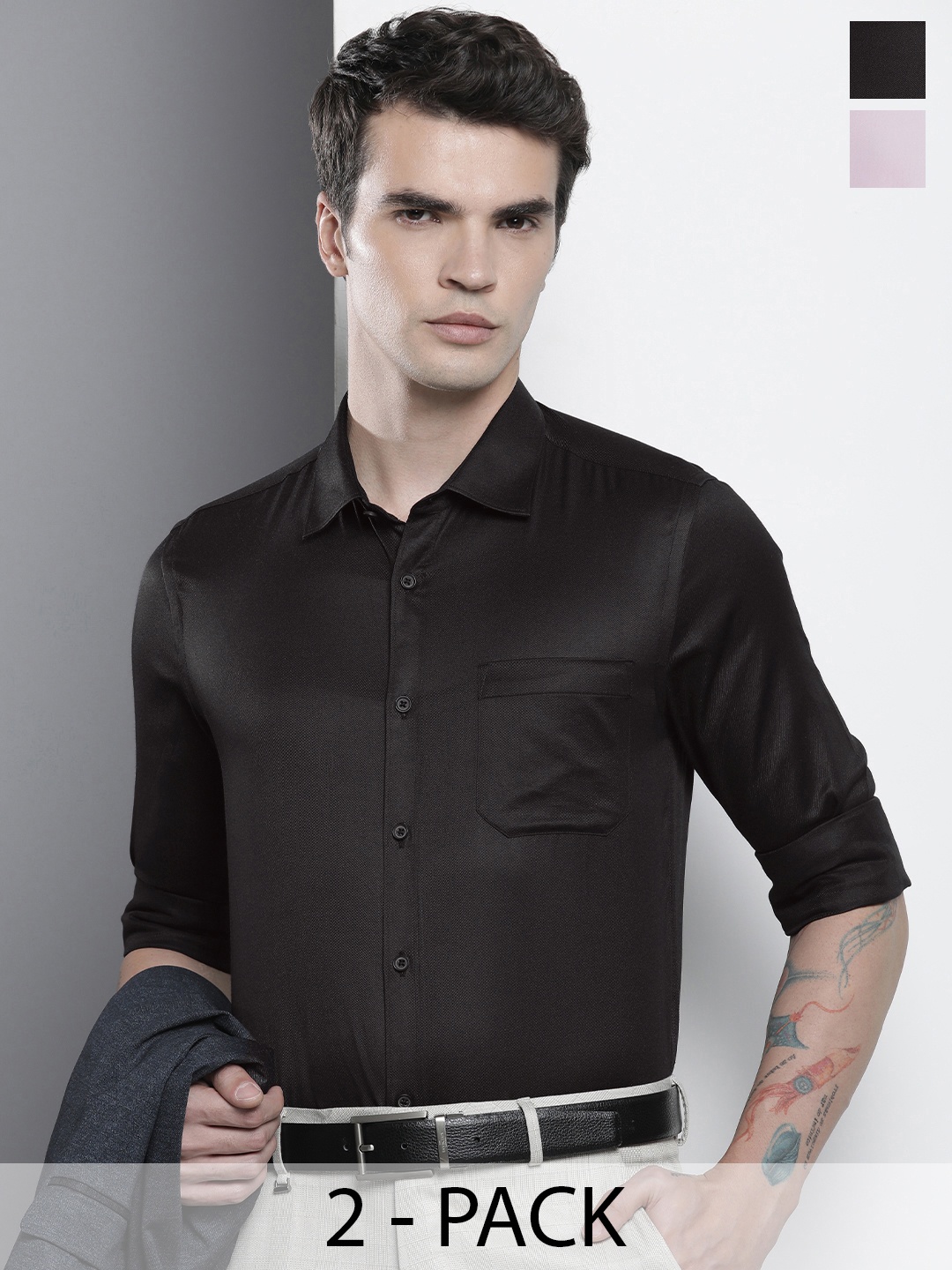 

The Indian Garage Co. X Luxe Pack Of 2 Spread Collar Cotton Shirts, Black