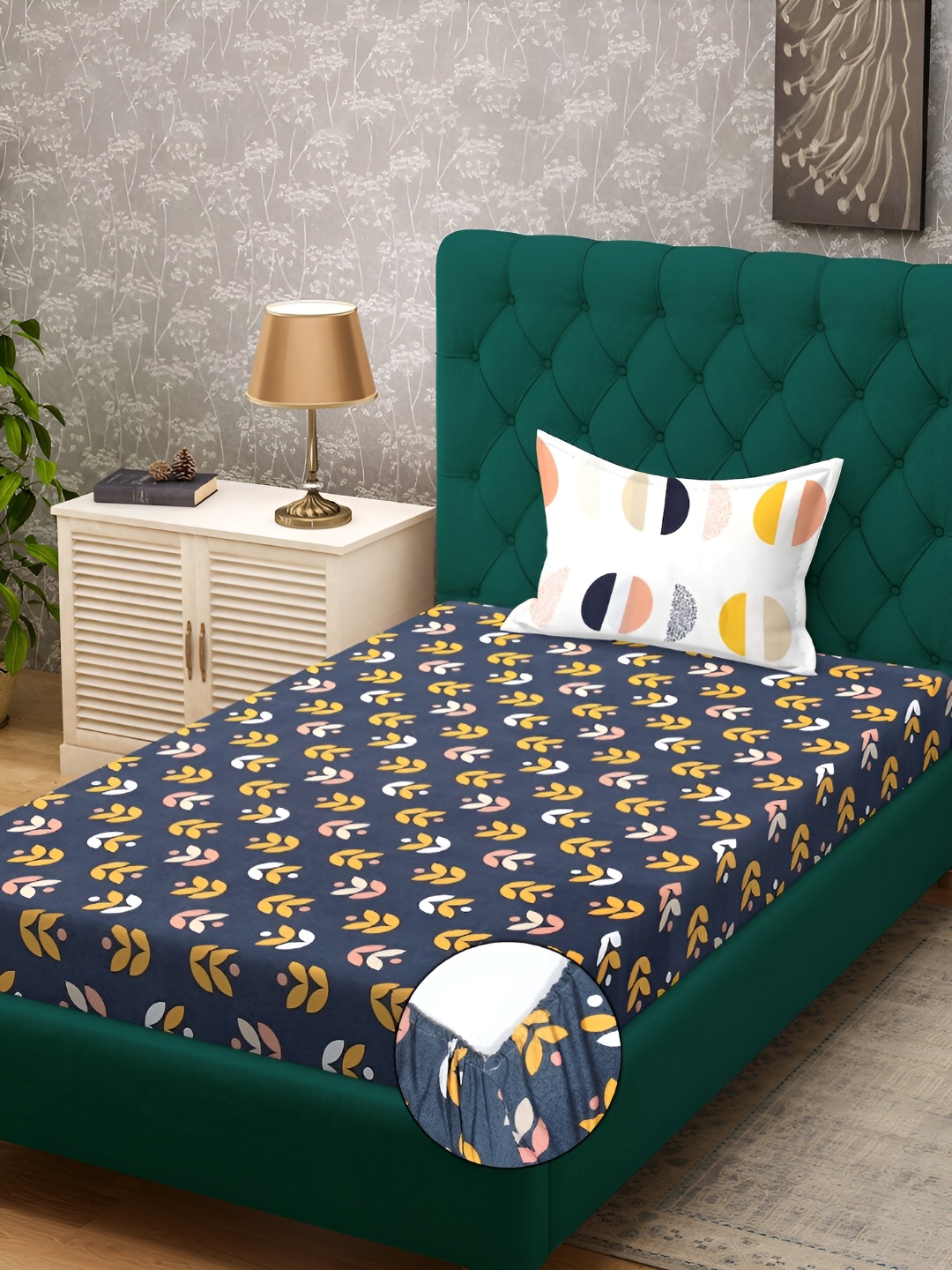 

KLOTTHE Navy Blue & Yellow Floral Printed Fitted 300TC Single Bedsheet With Pillow Cover