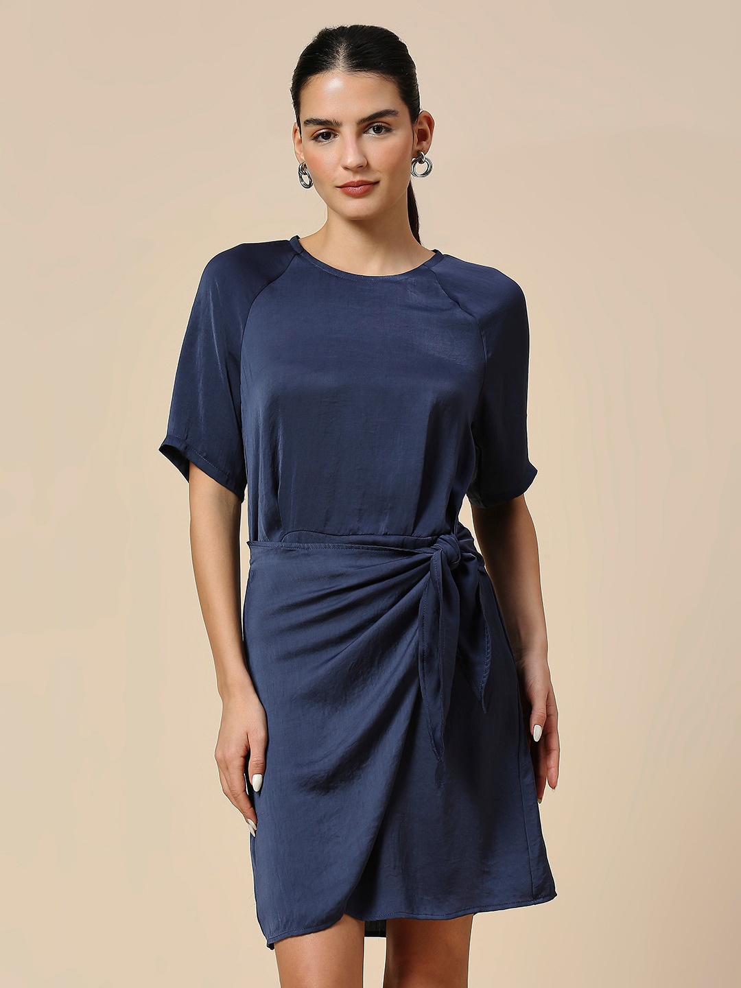 

Chemistry Round Neck Tie-Ups Wrap Dress, Navy blue