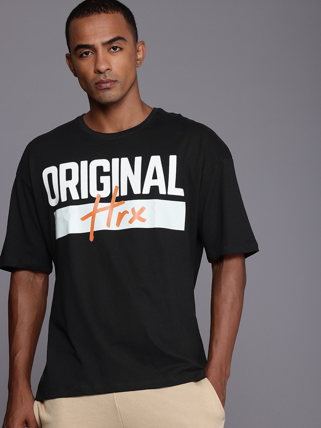

HRX by Hrithik Roshan Men Typography Printed Pure Cotton Oversized T-shirt, Black
