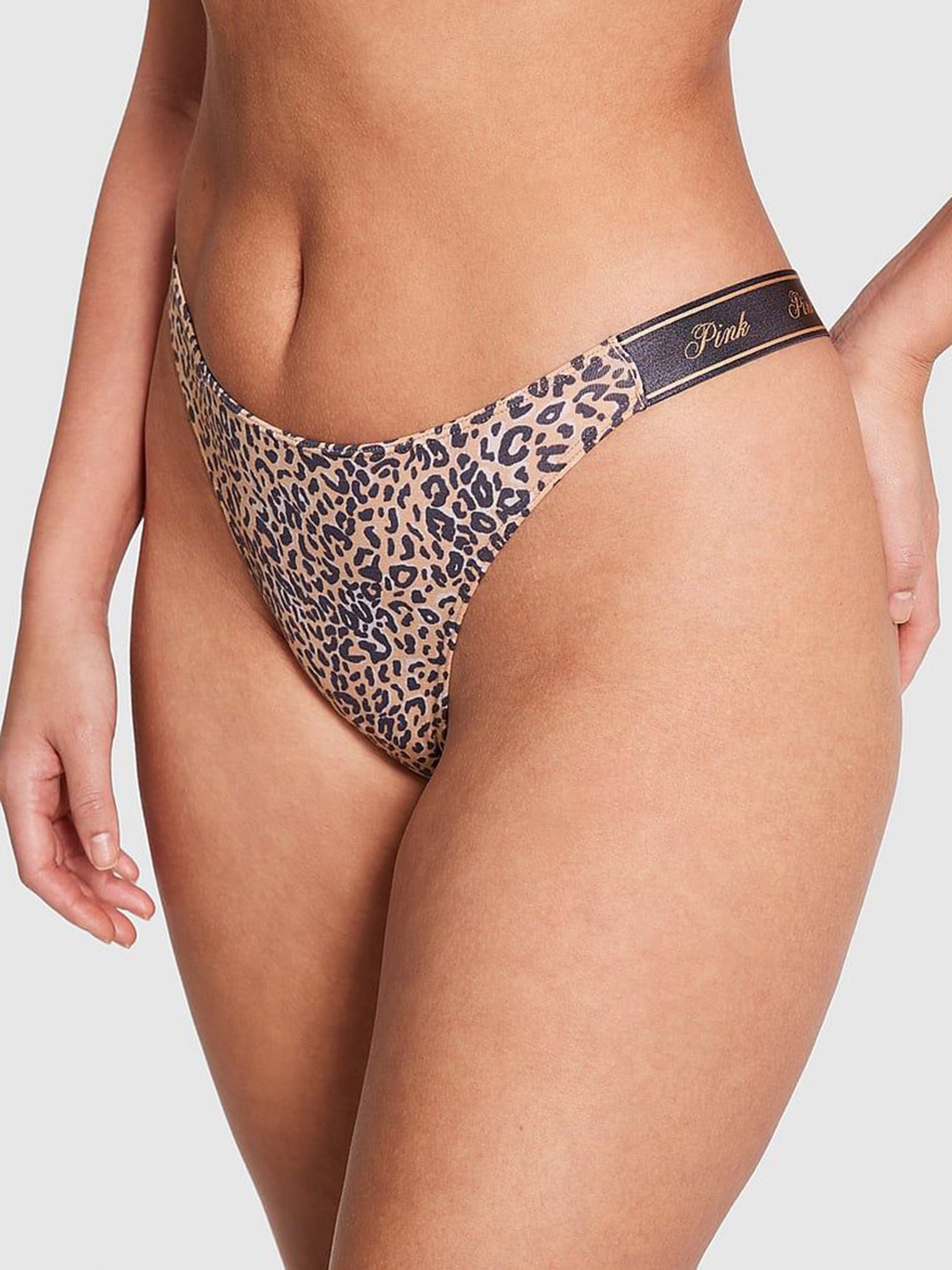 

Victoria's Secret PINK Logo Low-Rise Animal Printed High-Leg Thong Briefs, Peach