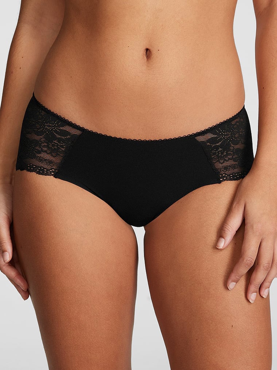 

Victoria's Secret PINK No-Show Lace Hiphugger Hipster Briefs, Black