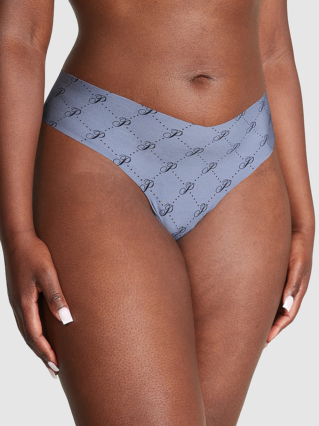 

Victoria's Secret PINK Typography Printed No-Show Mid-Rise Thong Briefs, Grey