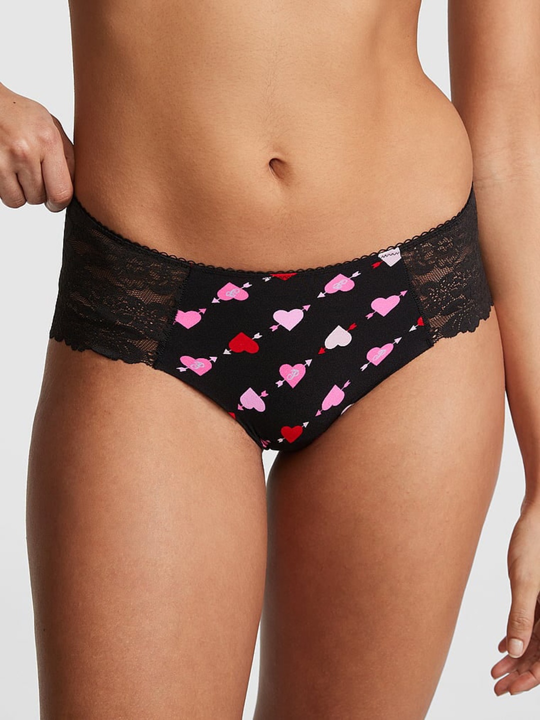 

Victoria's Secret PINK No-Show Conversational Printed Lace Cheeky Basic Briefs, Black