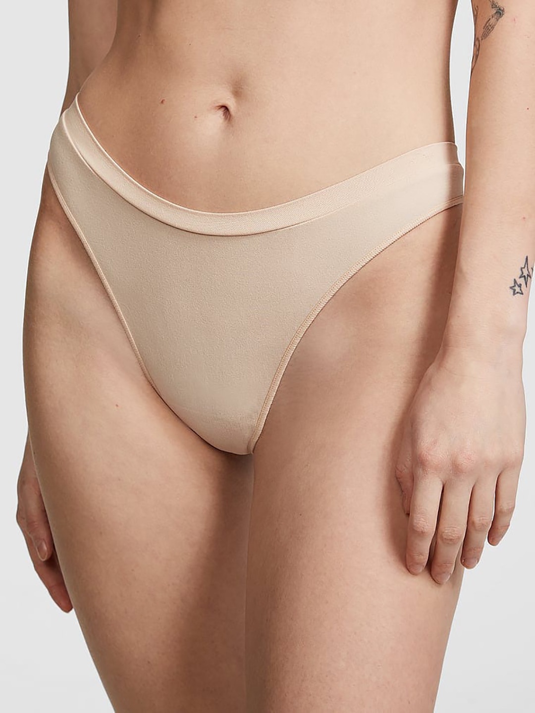 

Victoria's Secret PINK Seamless Low-Rise High-Leg Thong Briefs, Beige