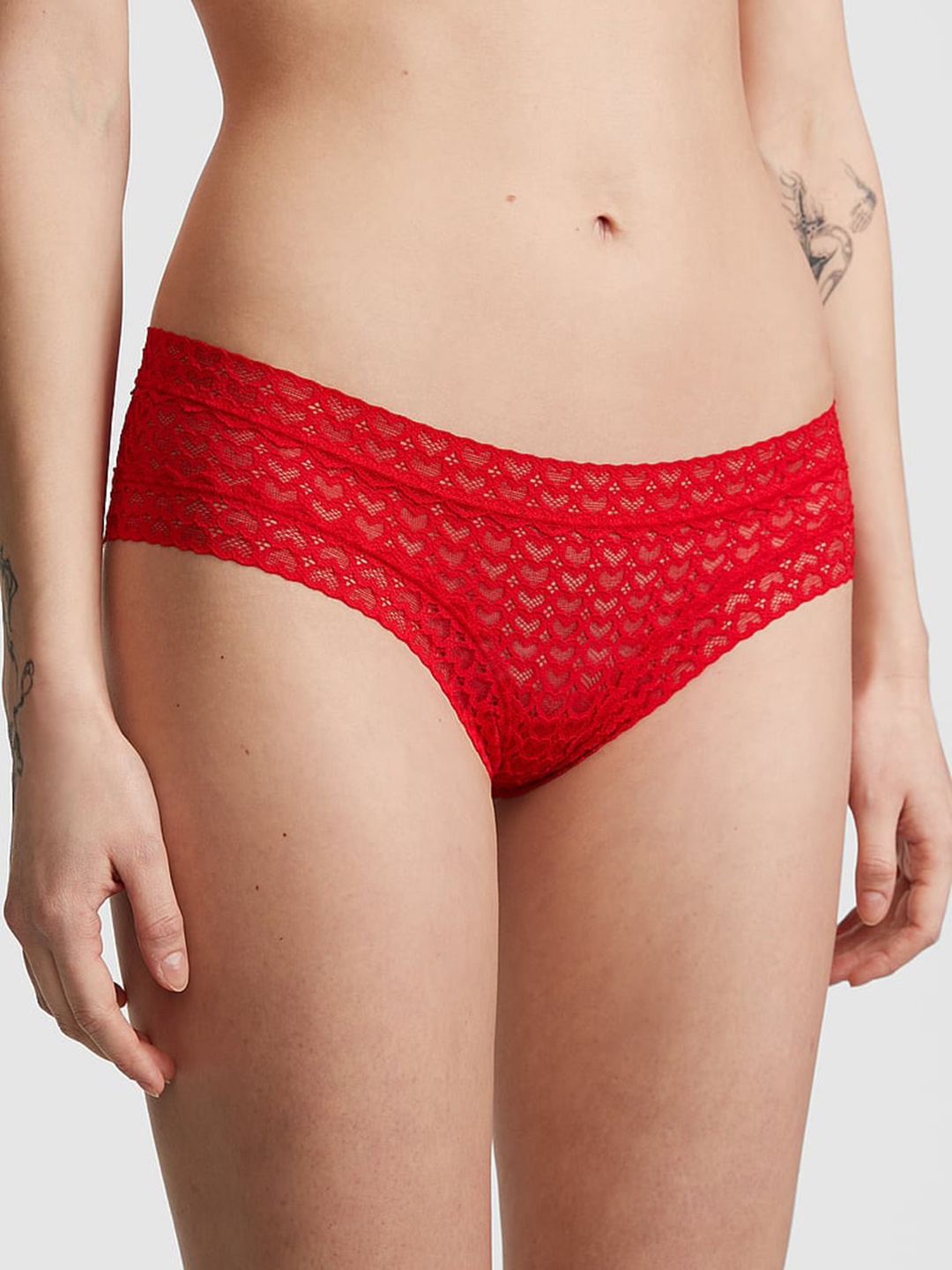 

Victoria's Secret PINK Wink Cheeky Self Design Mid-Rise Lace Basic Briefs, Red