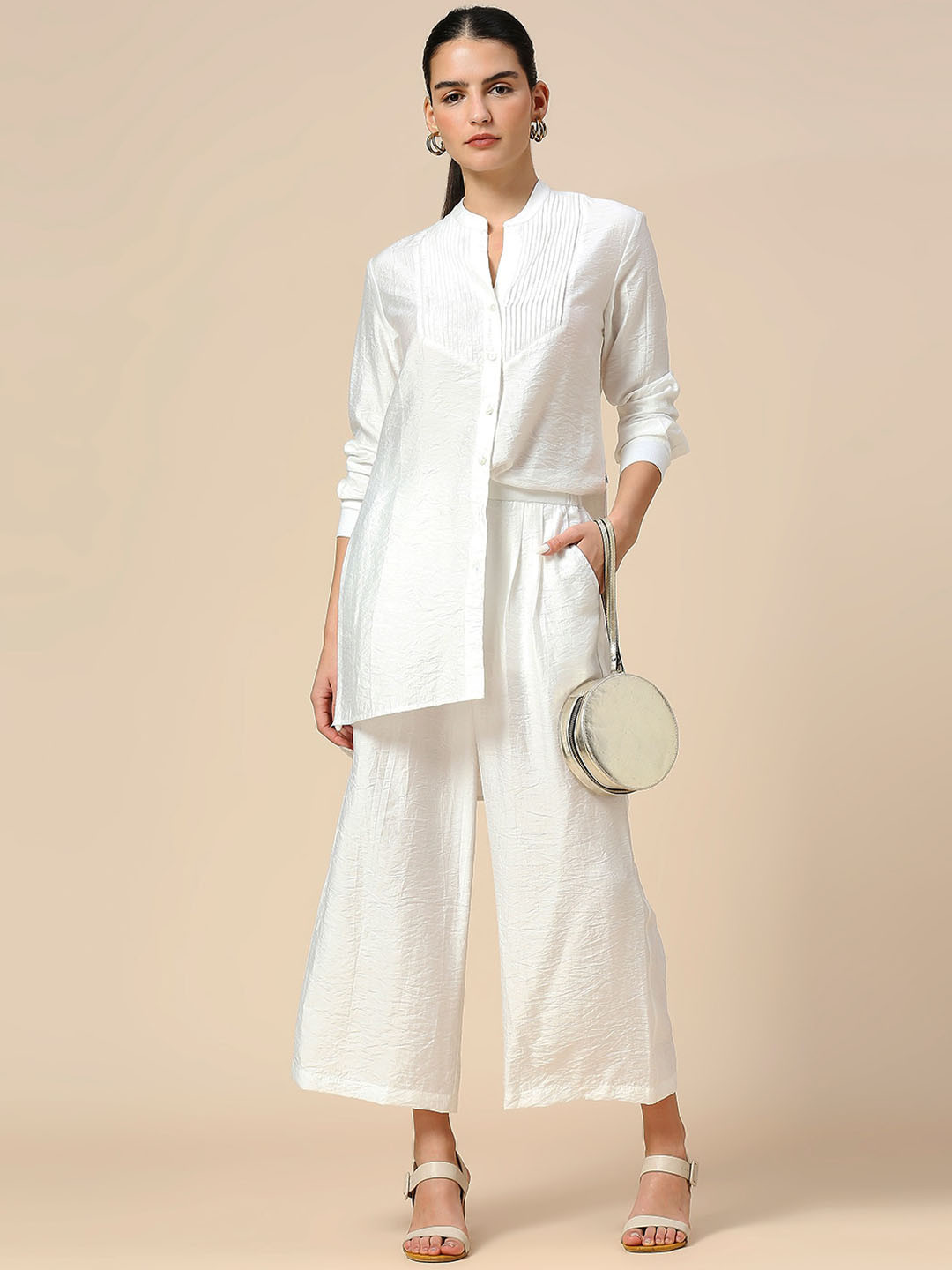 

Modern Indian by CHEMISTRY Mandarin Collar Shirt With Palazzos Co-Ords, White