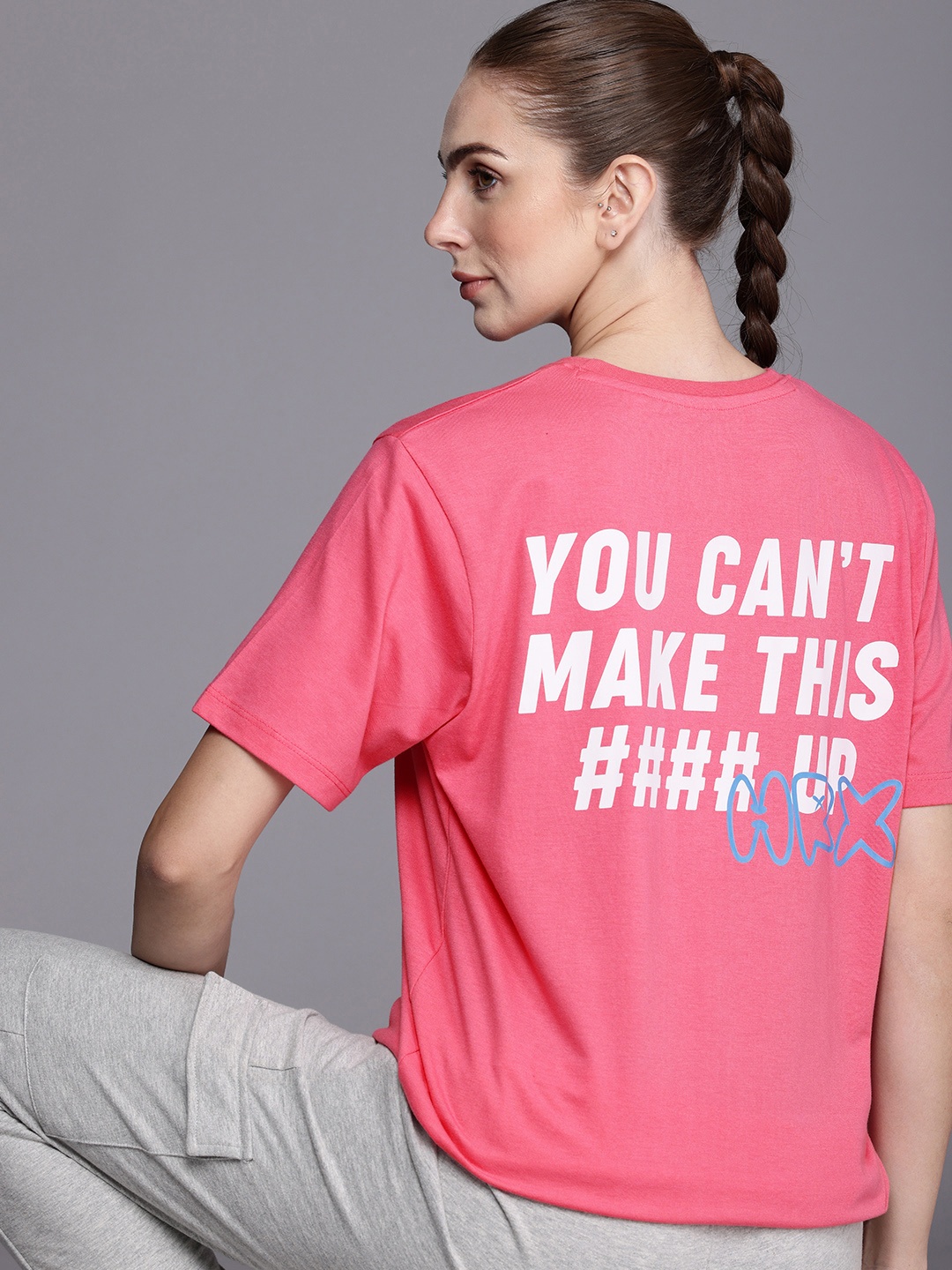 

HRX by Hrithik Roshan Women Typography Printed Pure Cotton Oversized T-shirt, Pink