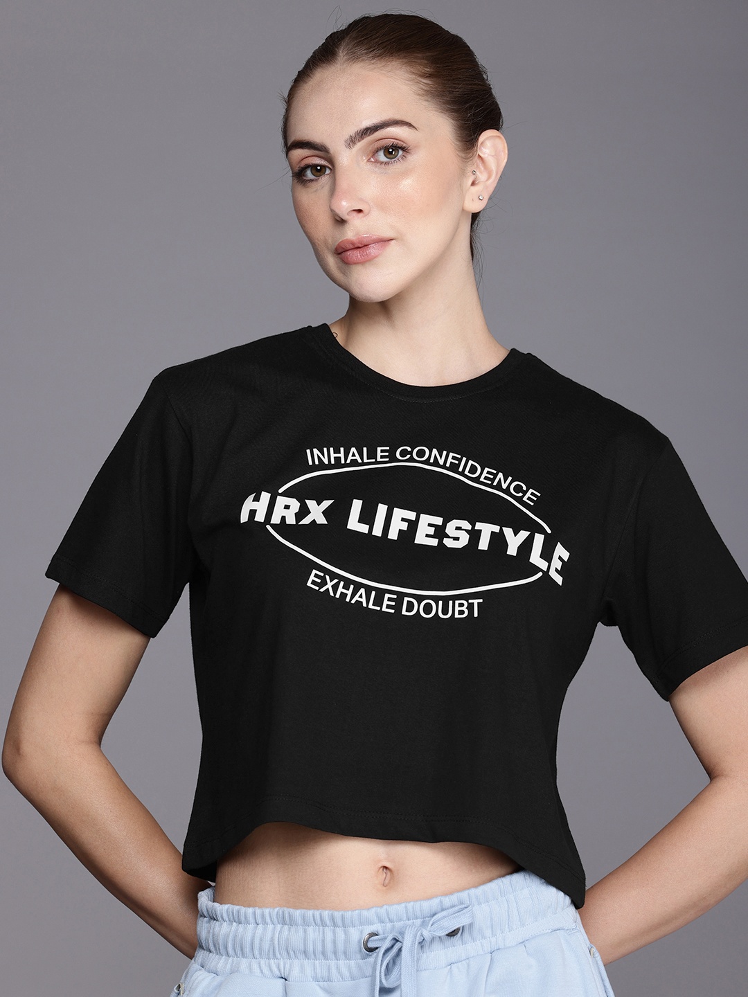 

HRX by Hrithik Roshan Women Typography Printed Pure Cotton T-shirt, Black