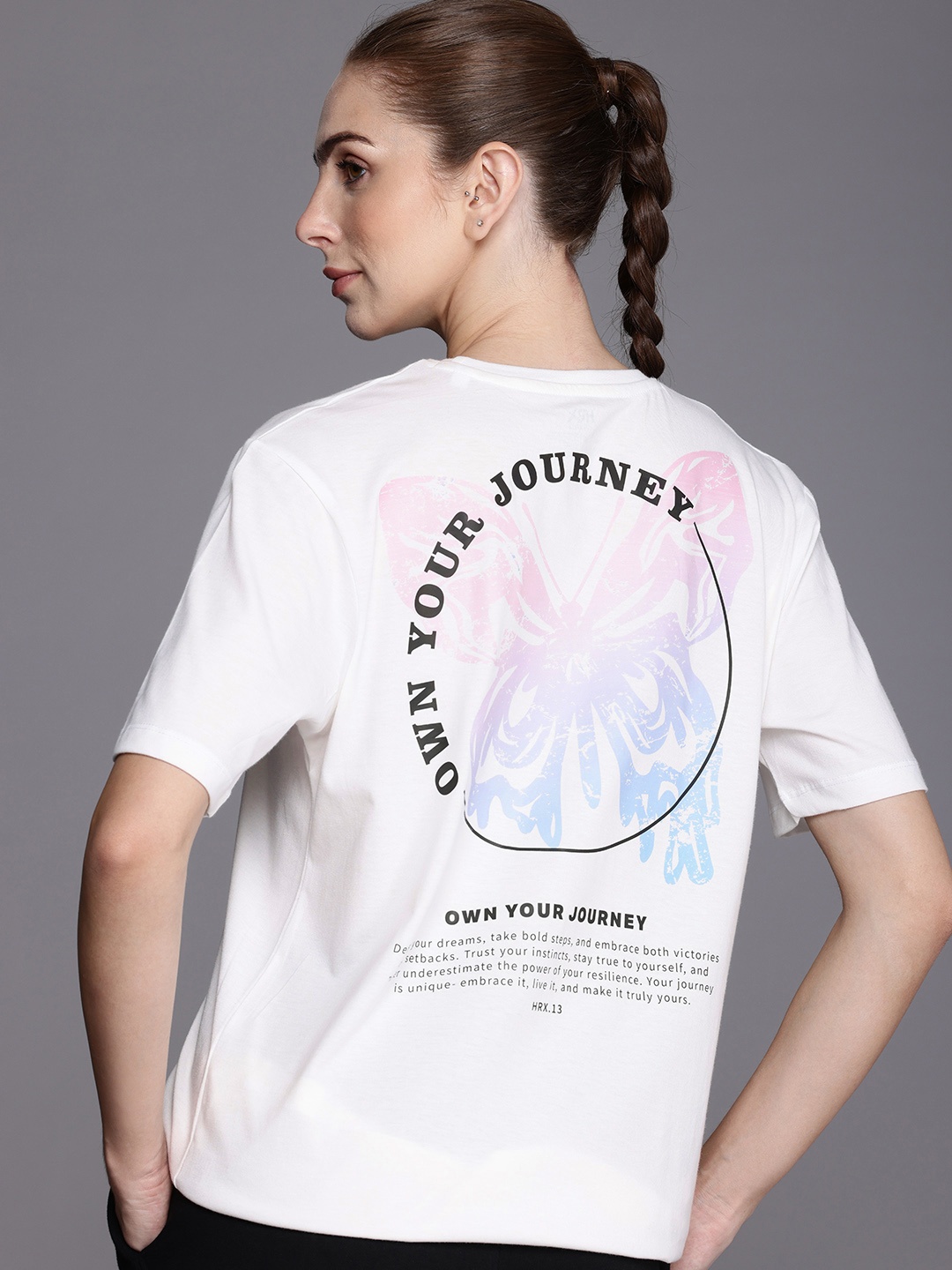 

HRX by Hrithik Roshan Women Graphic Printed Pure Cotton Oversized T-shirt, White