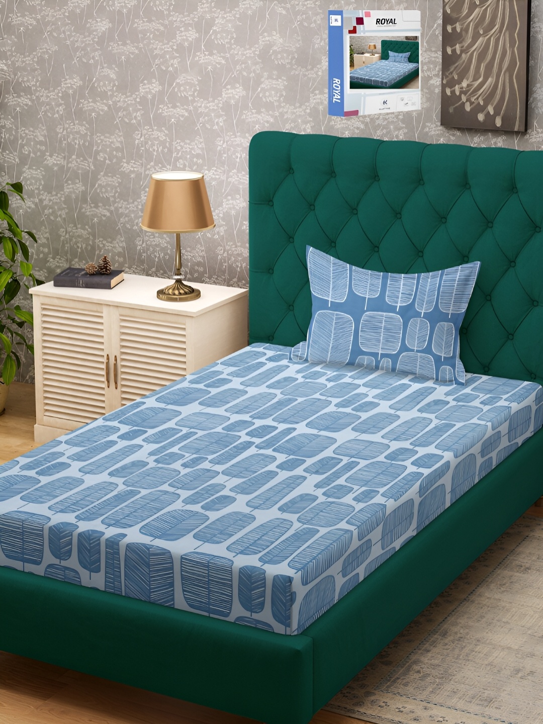 

KLOTTHE Book Fold Geometric Printed 300 TC Single Bed Bedsheet With Pillow Cover, Turquoise blue