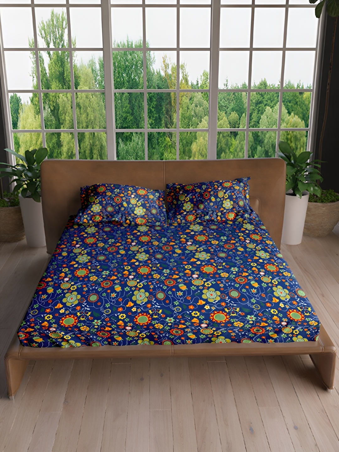 

Aura Blue & Green Floral 144 TC Microfiber Queen Bedsheet With 2 Pillow Covers