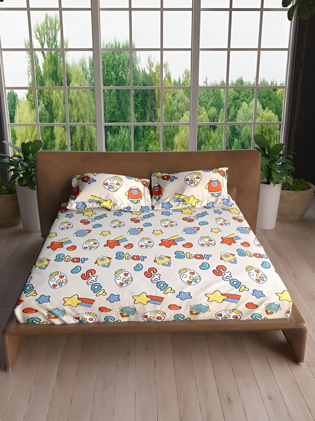 

Aura Green & White Graphic 144 TC Queen Bedsheet With 2 Pillow Covers