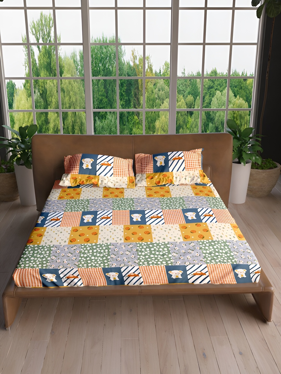 

Aura Yellow & Blue Graphic Microfiber 144 TC Queen Bedsheet with 2 Pillow Covers