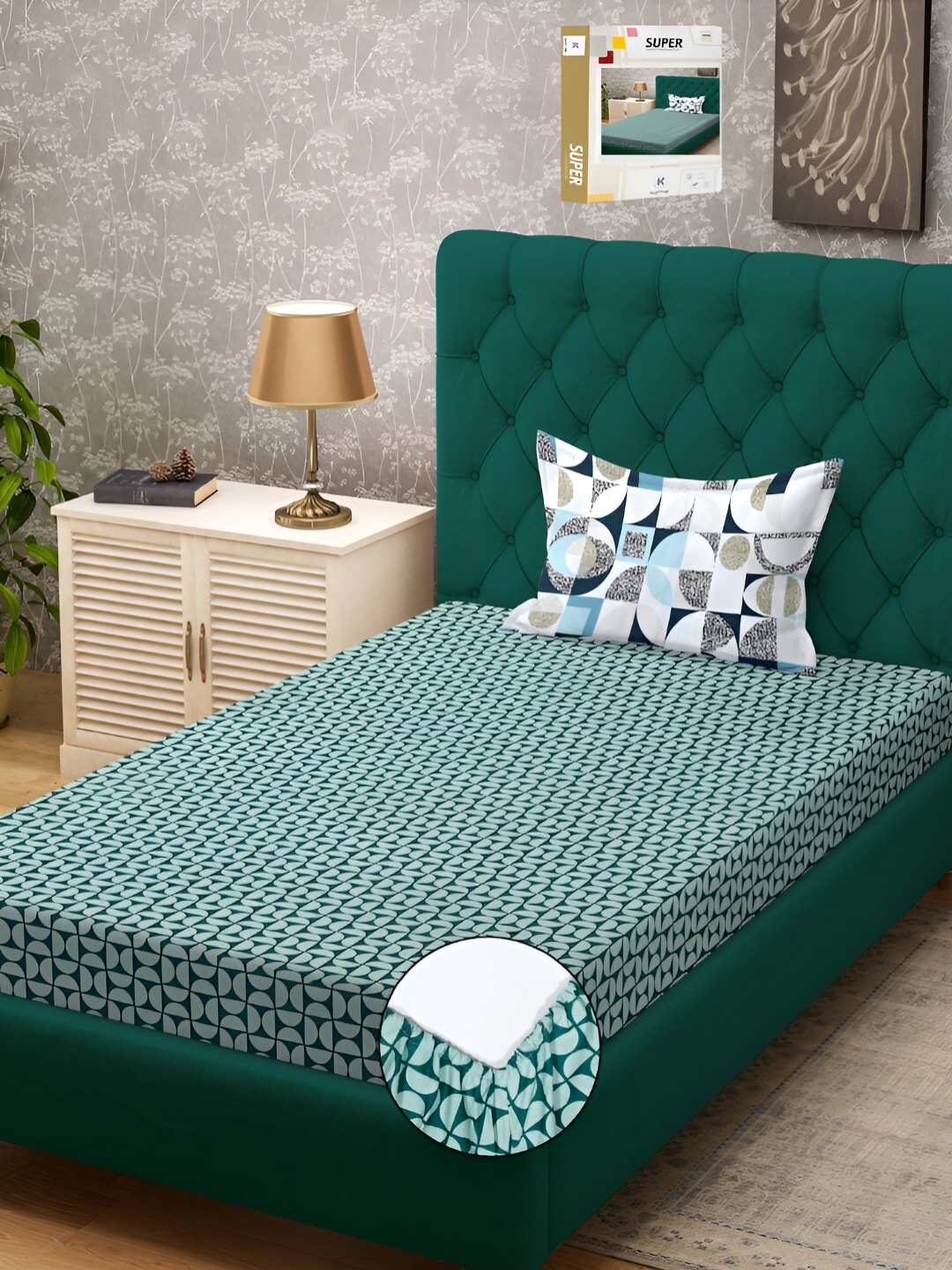 

KLOTTHE Book Fold Green Printed Fitted 300 TC Single Bed Bedsheet With Pillow Cover