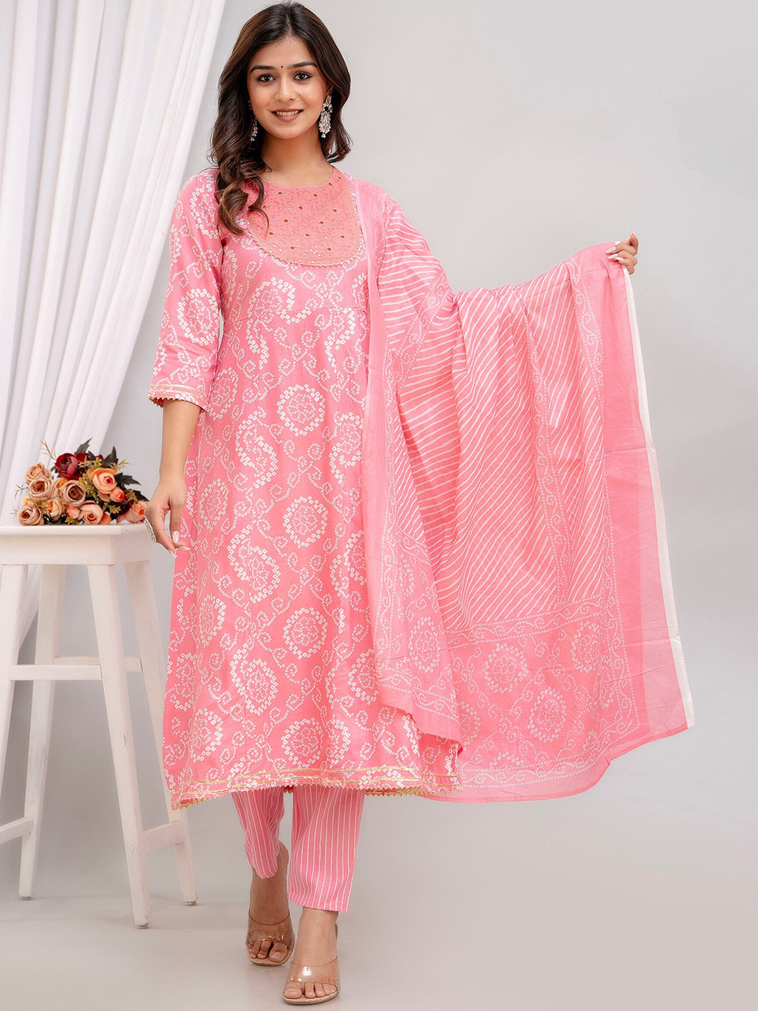 

BAIRAJ Ethnic Motifs Printed Anarkali Sequinned Kurta ,Trousers & Dupatta, Pink