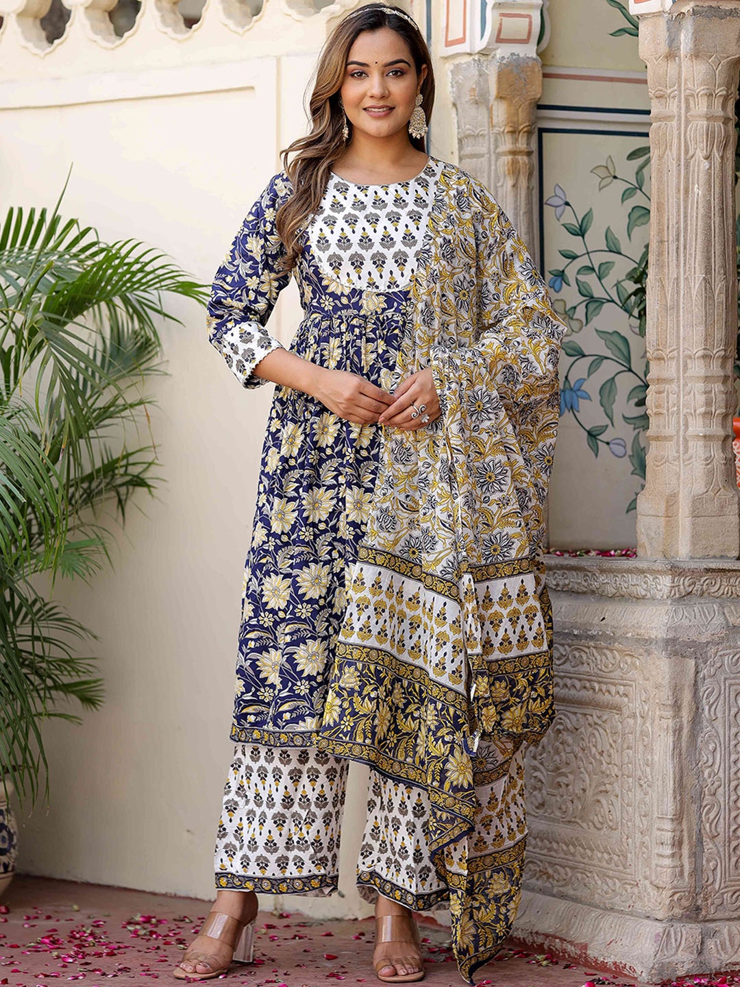 

BAIRAJ Ethnic Motifs Printed Round Neck Empire Kurta With Trousers & Dupatta, Blue