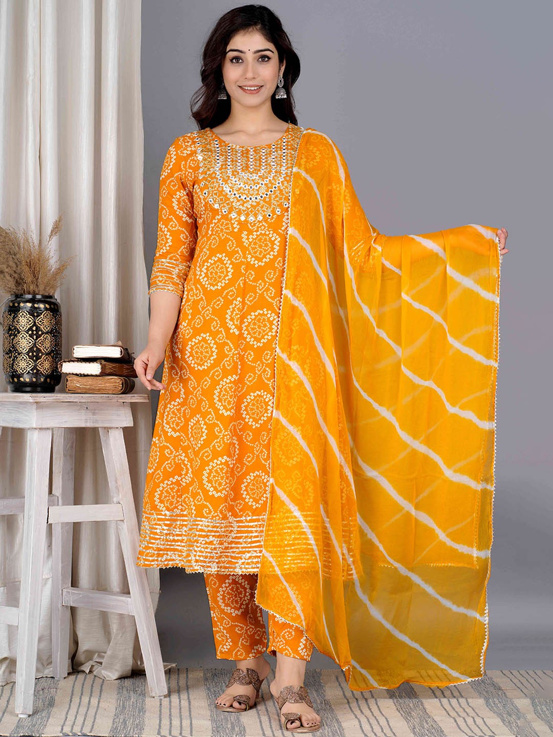 

BAIRAJ Bandhani Printed Panelled Mirror Work Kurta ,Trousers & Dupatta, Yellow