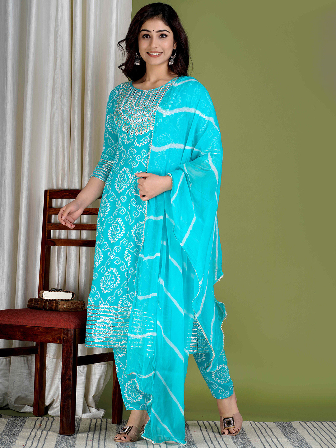

BAIRAJ Women Bandhani Embroidered Regular Mirror Work Kurti with Trousers & With Dupatta, Blue