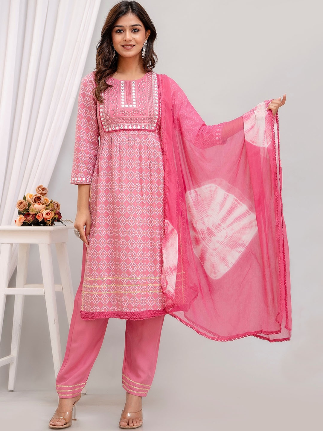 

BAIRAJ Bandhani Printed Regular Mirror Work Kurta ,Trousers & Dupatta, Peach