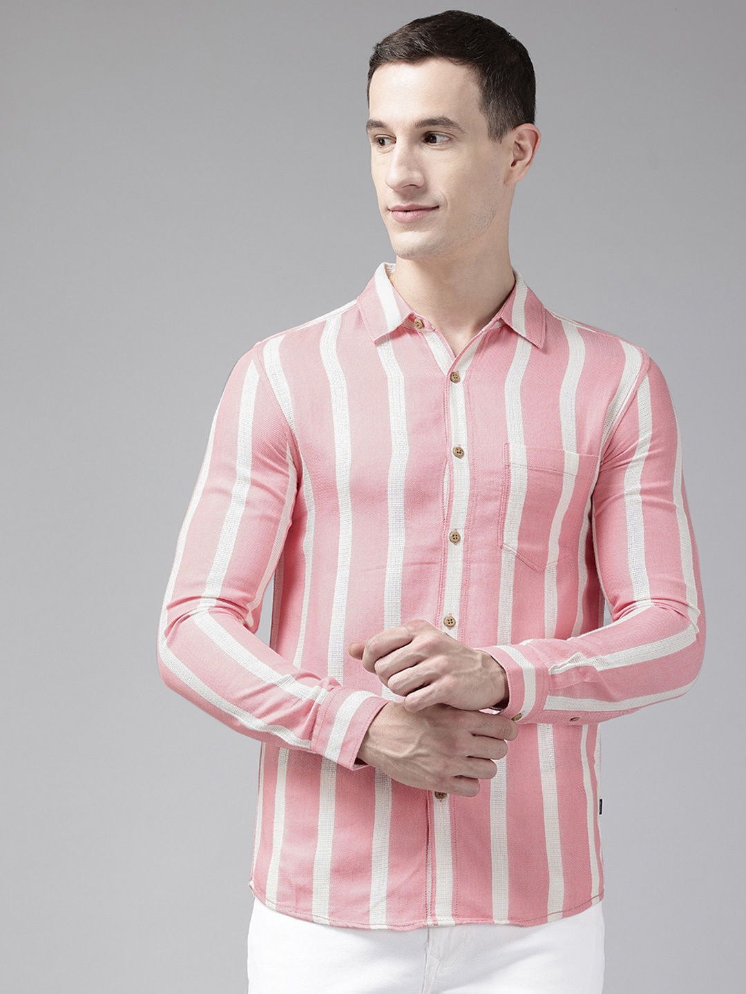 

SPYKAR Slim Fit Horizontal Striped Shirt, Pink