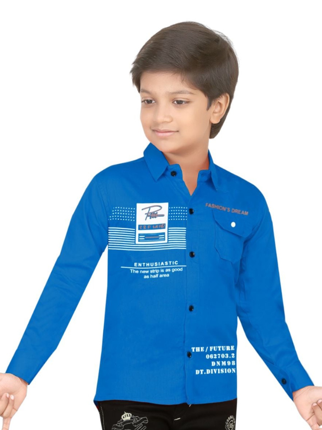 

BAESD Boys Comfort Typography Printed Spread Collar Chest Pocket Cotton Shirt, Blue