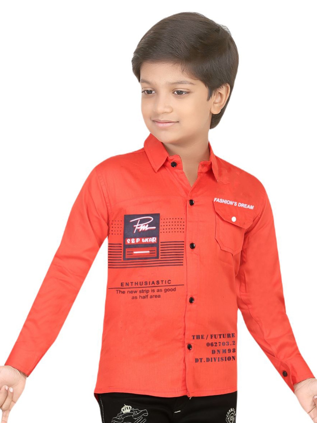 

BAESD Boys Comfort Typography Printed Spread Collar Chest Pocket Cotton Shirt, Red