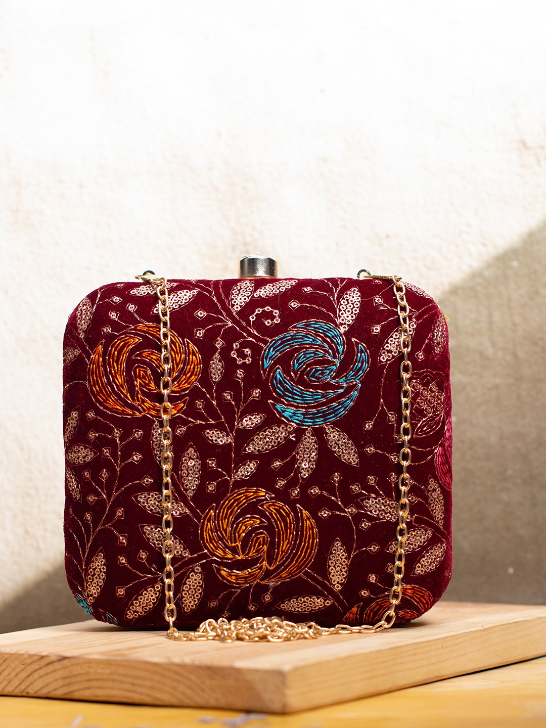 

ARTKLIM Embroidered Box Clutch, Maroon