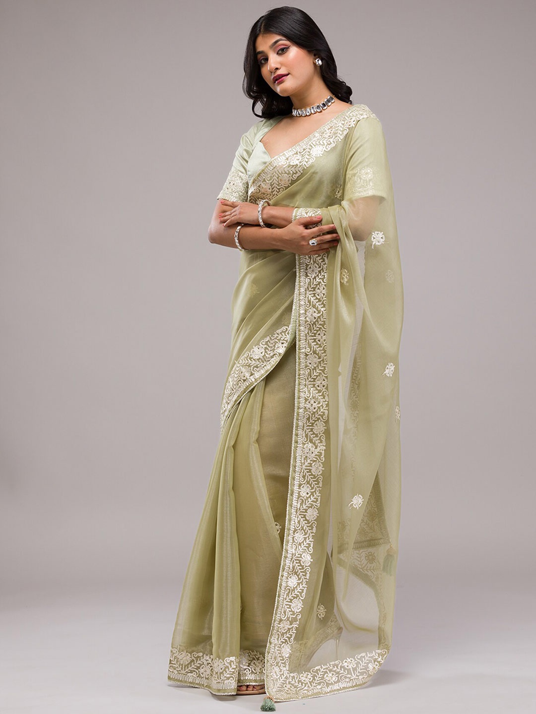 

Koskii Ethnic Motifs Embroidered Poly Crepe Saree, Green