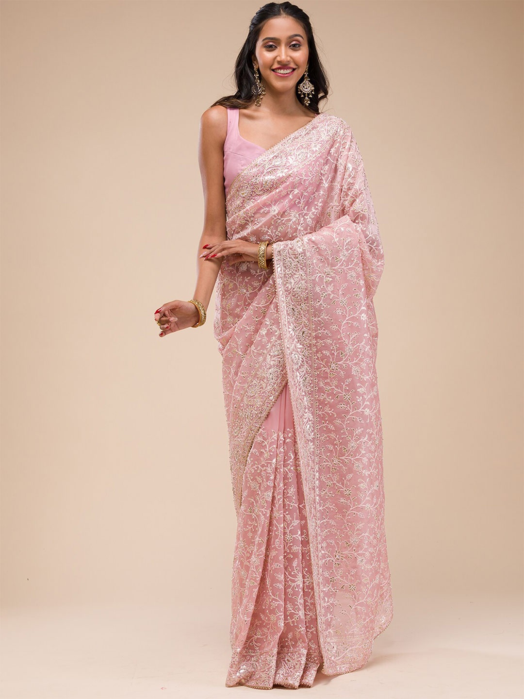 

Koskii Ethnic Motifs Beads and Stones Tissue Saree, Pink