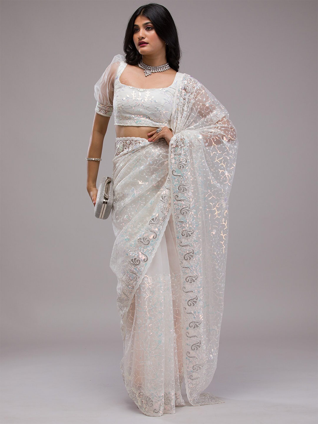 

Koskii Floral Sequinned Net Saree, White