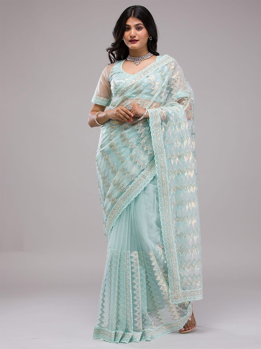 

Koskii Ethnic Motifs Sequinned Tissue Saree, Blue