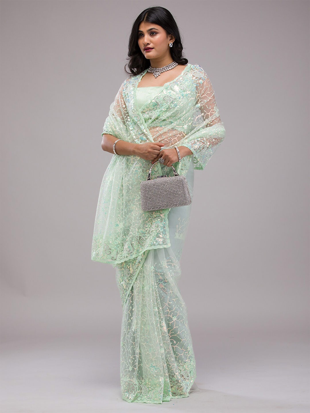 

Koskii Floral Sequinned Net Saree, Green