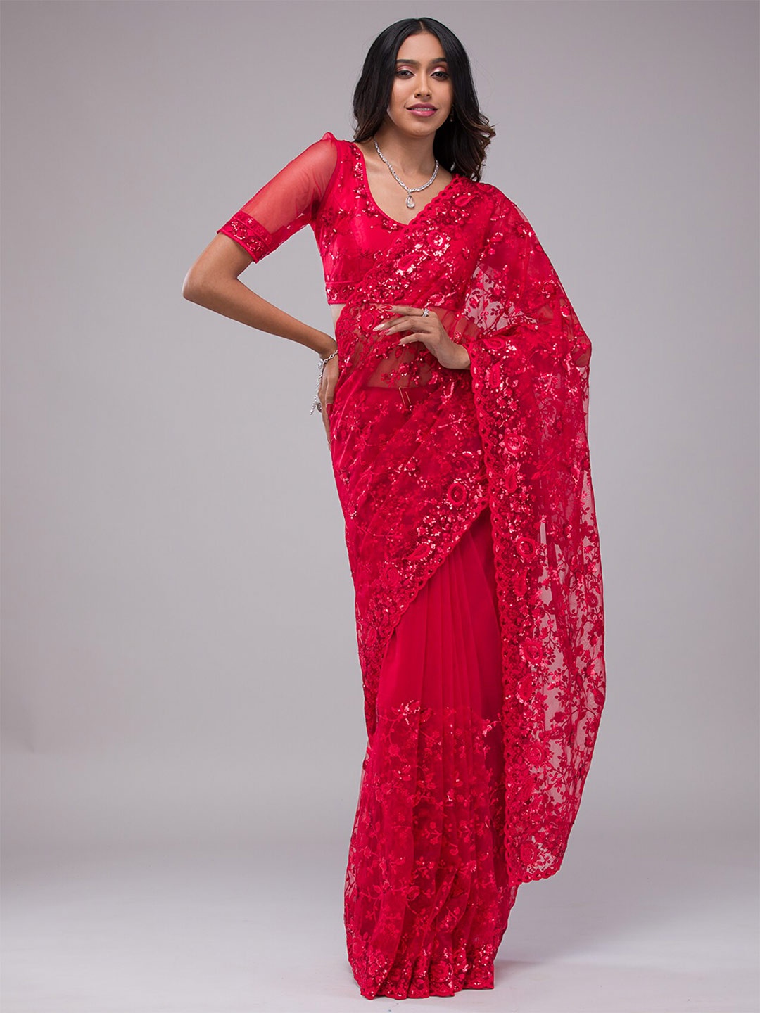

Koskii Embellished Sequinned Net Saree, Red