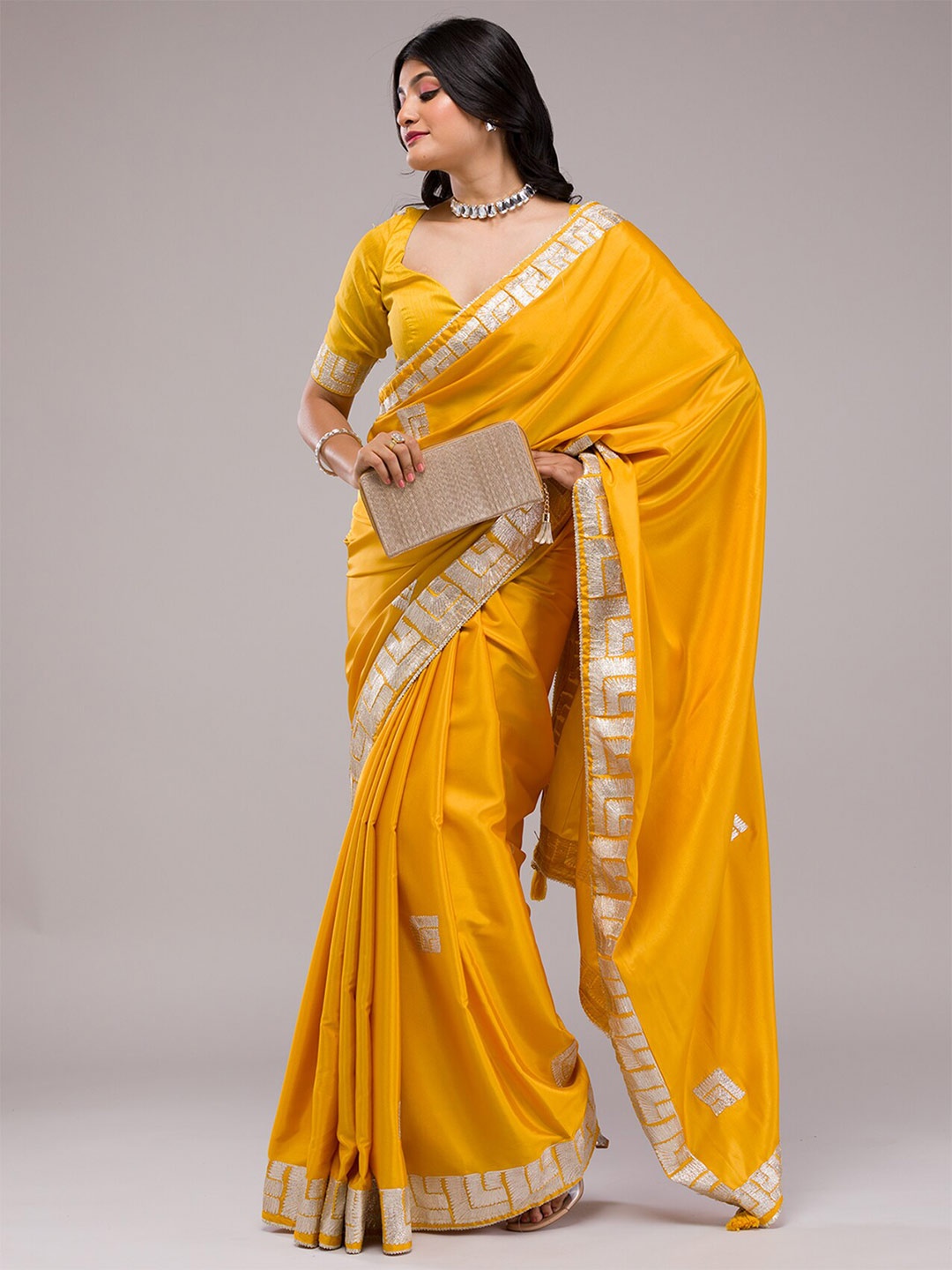 

Koskii Ethnic Motifs Zari Poly Crepe Saree, Yellow