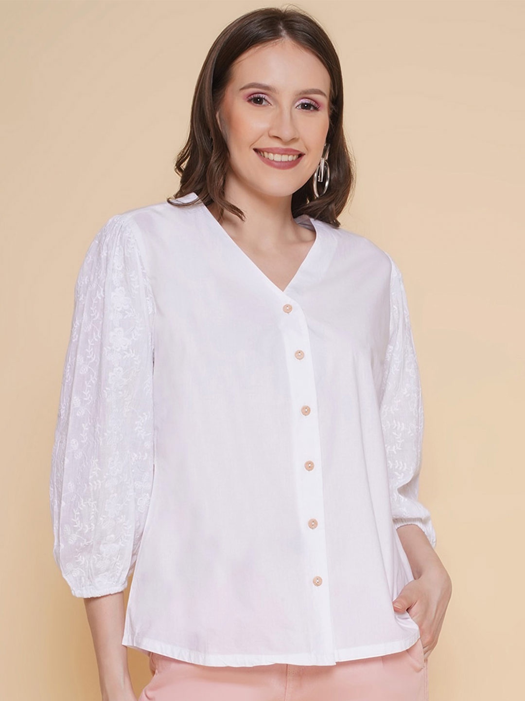 

VESTIDO MODAS Schiffli Puff Sleeves Pure Cotton Shirt Style Top, White