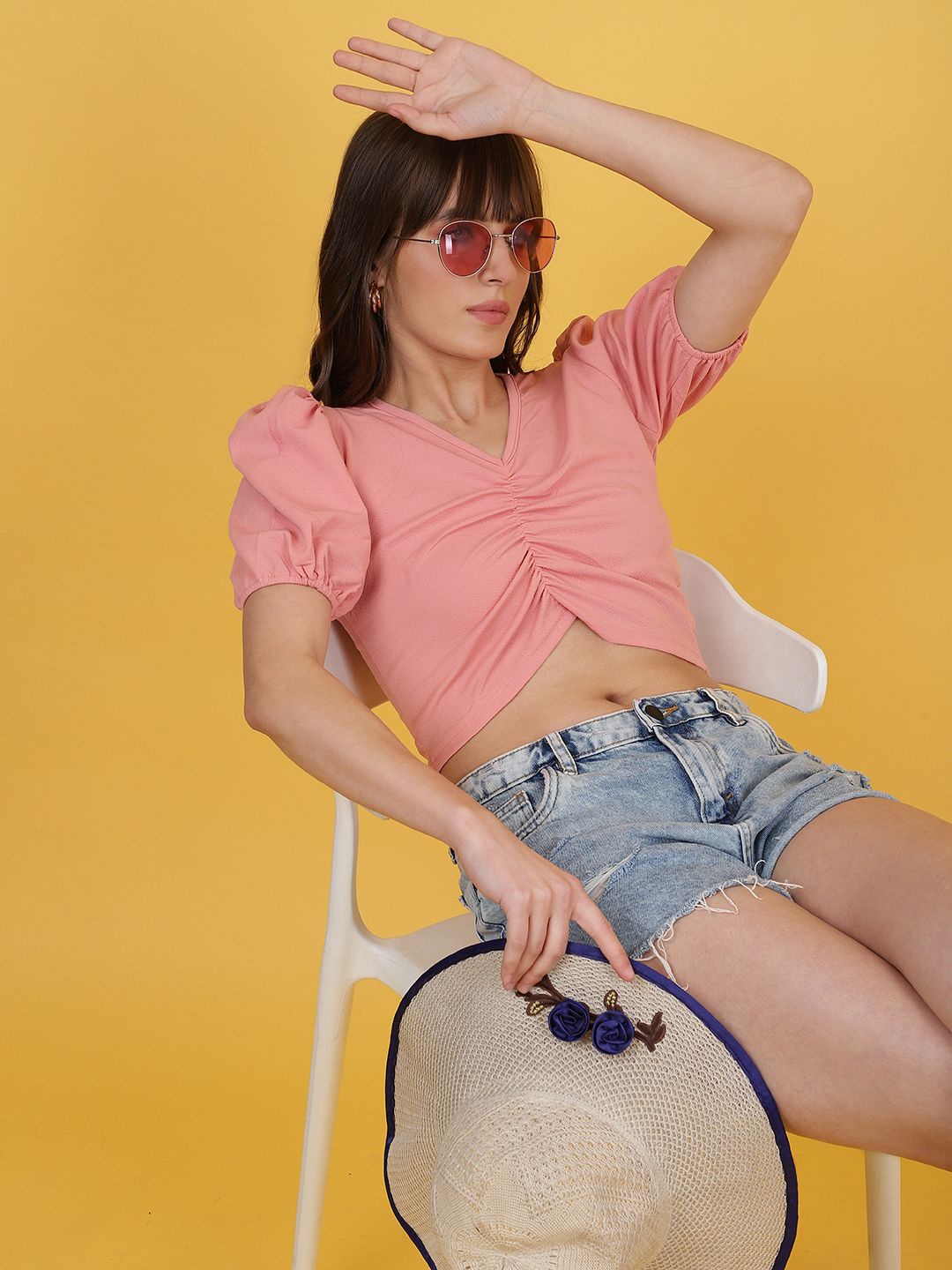 

Wool Trees V Neck Puff Sleeve Gathered Or Pleated Fitted Crop Top, Pink