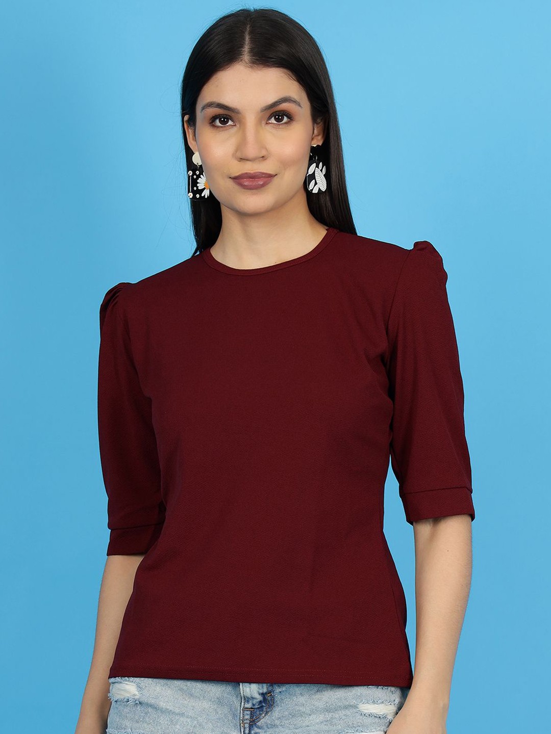 

Wool Trees Round Neck Puff Sleeve Top, Maroon