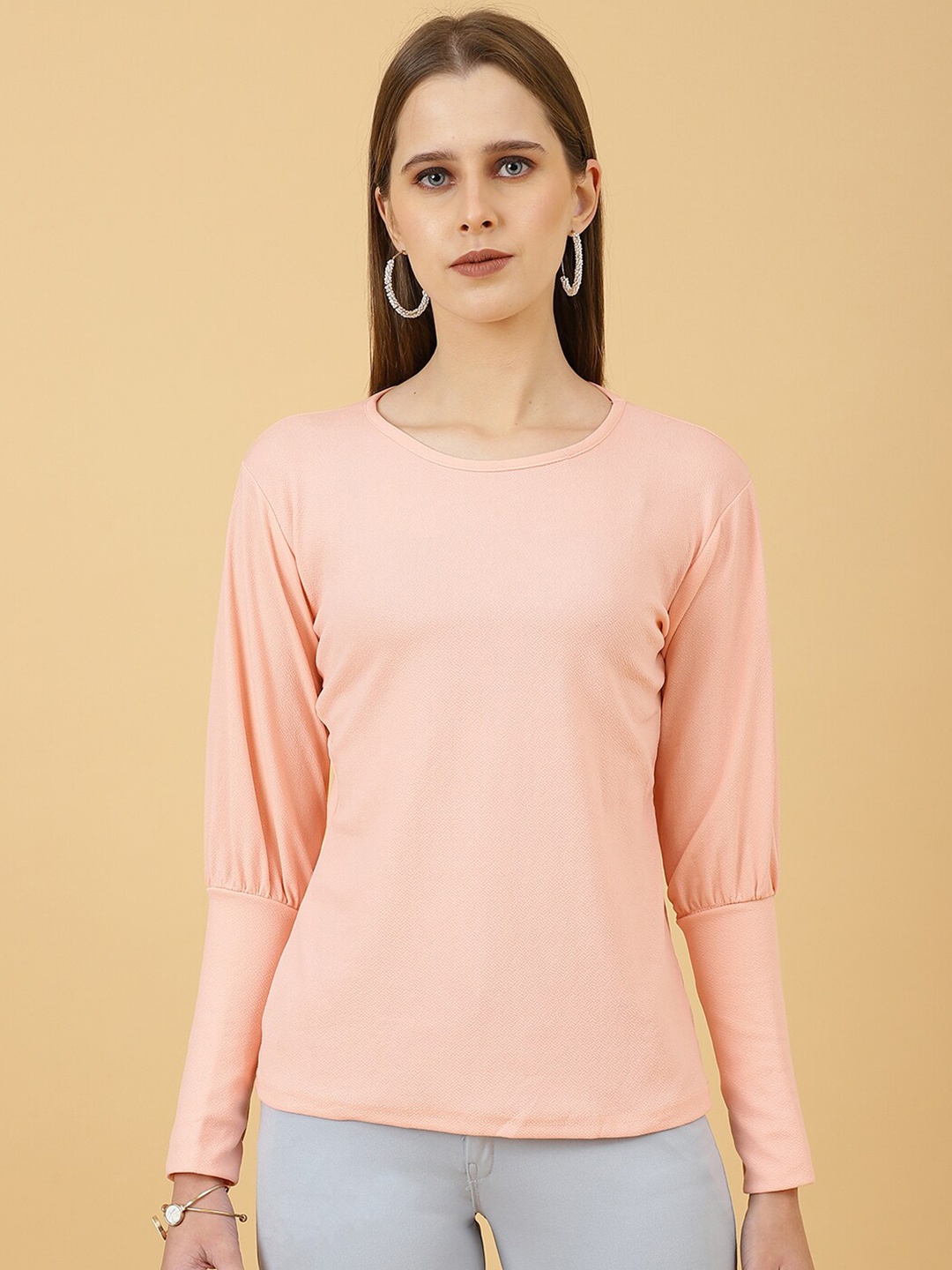 

Wool Trees Round Neck Cuffed Sleeves Top, Pink