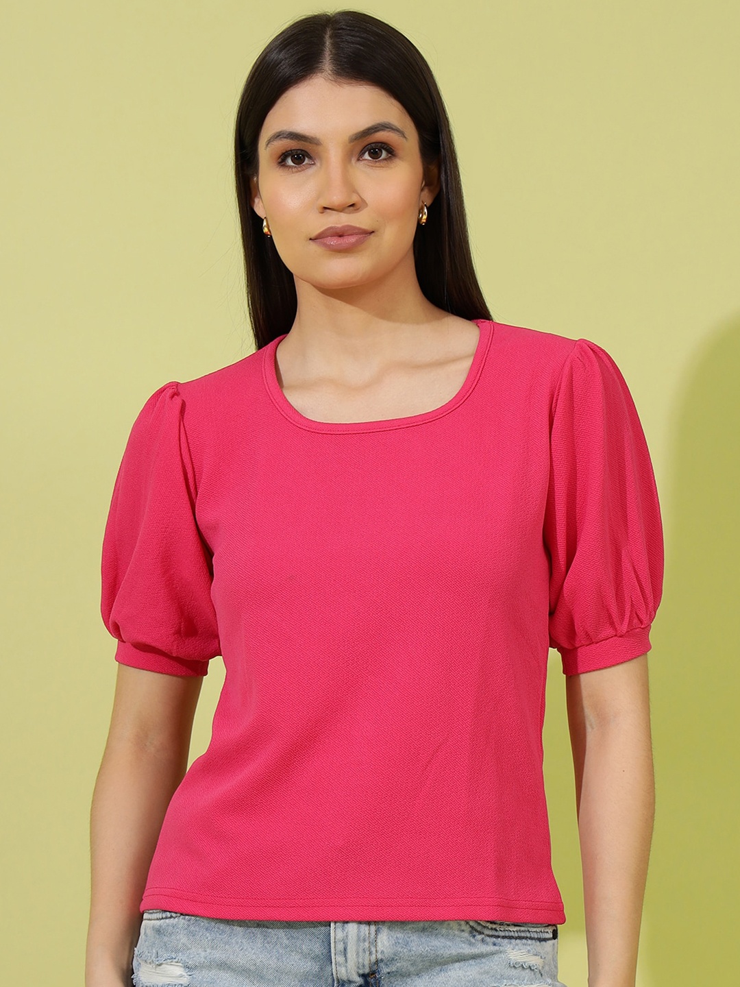 

Wool Trees Square Neck Puff Sleeve Regular Top, Rust