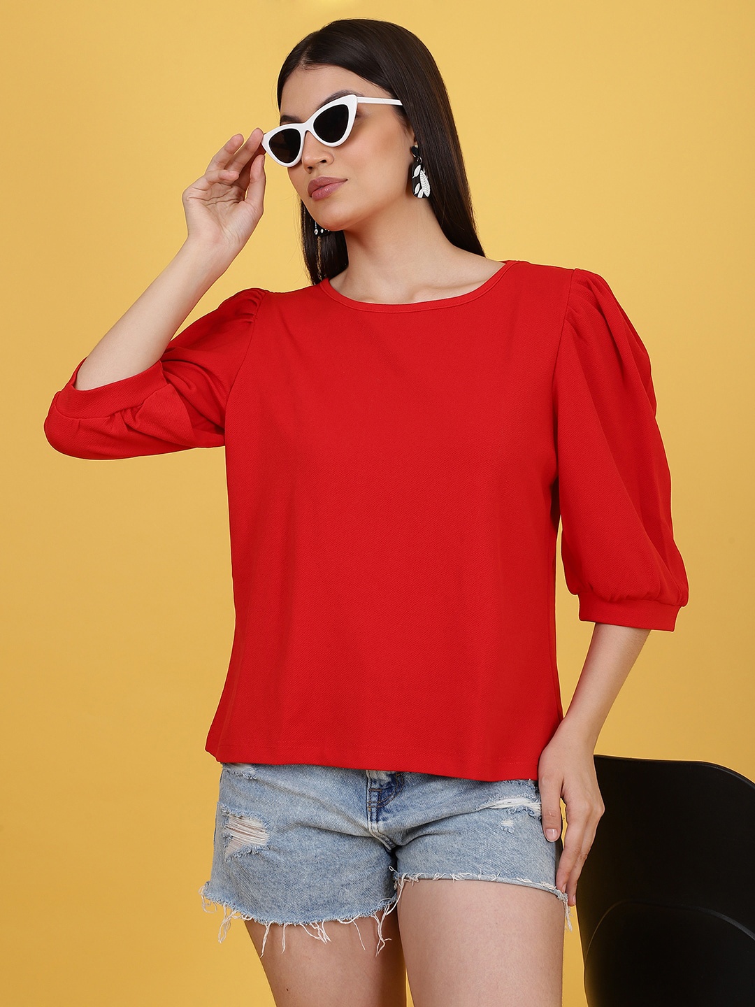 

Wool Trees Round Neck Puff Sleeves Regular Top, Red