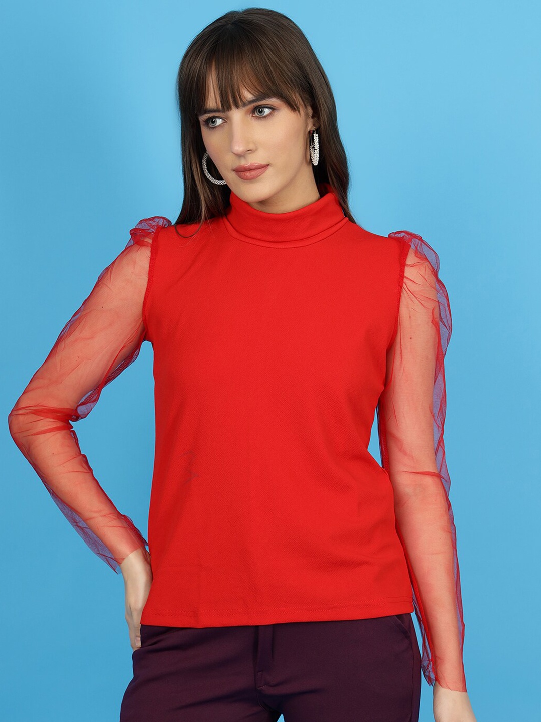

Wool Trees High Neck Puff Sleeves Top, Rust