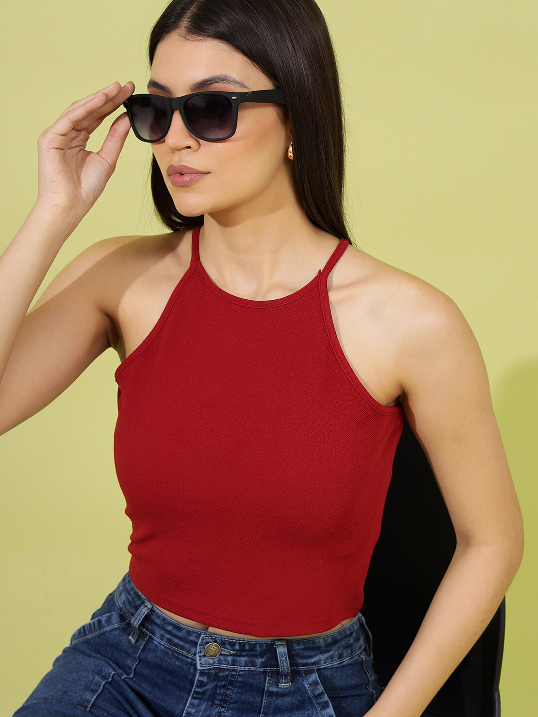 

Wool Trees Shoulder Straps Sleeveless Crop Top, Maroon